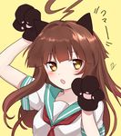  ahoge brown_hair kantai_collection kuma_(kantai_collection) long_hair mirakururu open_mouth paws school_uniform serafuku solo 