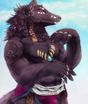  &#29392;&#29436;&#21161; ??? amulet anthro biceps black_fur black_nose bulge canine claws clothing collar ear_piercing fur grin jewelry kemono loincloth male mammal markings muscles necklace pecs piercing pose red_eyes ring sky smile solo standing tattoo toned topless tribal wolf 