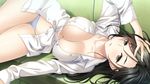  asama_kyouko black_eyes black_hair blue_panties breasts cleavage collarbone couch dress_shirt earrings game_cg hand_in_hair hand_on_own_head jewelry kiss_ato_kiss_will_change_my_relation_with_you large_breasts legs long_hair looking_at_viewer lying marui_(koedame) navel no_bra no_pants on_side open_clothes open_shirt panties shirt smile solo thighs unbuttoned underwear 