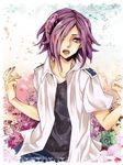  androgynous bad_id bad_pixiv_id fingernails ginzakura horn momogumi_plus_senki ouchi_kikyou purple_eyes purple_hair shirt short_hair solo tears 