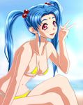  286c arm_support bikini blue_hair breasts cleavage collarbone covered_nipples facial_mark forehead_mark hair_bobbles hair_ornament highres long_hair looking_at_viewer masaki_sasami_jurai medium_breasts midriff navel older open_mouth pink_eyes shiny shiny_skin sitting solo strap_gap string_bikini swimsuit tenchi_muyou! twintails underboob v yellow_bikini 