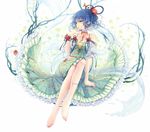  barefoot blue_eyes blue_hair choker finger_to_mouth flower kaku_seiga kieta long_legs midriff see-through short_hair sitting skirt solo touhou 