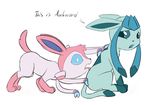  blue_eyes bow canine dialog eeveelution feral glaceon humor mammal nintendo open_mouth paws plain_background pok&#233;mon pok&eacute;mon posexe sylveon text tongue video_games white_background 