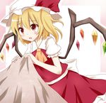  :o ascot bed_sheet blonde_hair fang flandre_scarlet frilled_skirt frills hachimi hat hat_ribbon highres mob_cap puffy_short_sleeves puffy_sleeves red_eyes ribbon sheet_grab short_hair short_sleeves side_ponytail skirt touhou wings 