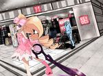  big_hair blonde_hair boots bow clothes dress drill_hair eyepatch hair_bow harime_nui kill_la_kill kodomono_onryou long_hair mannequin pink_bow scissor_blade shop smile solo spoilers twin_drills twintails weapon wrist_cuffs 