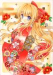  1girl blonde_hair blue_eyes bow eyebrows_visible_through_hair floating_hair floral_print flower from_side hair_bow highres japanese_clothes kimono long_hair long_sleeves looking_at_viewer marker_(medium) obi original pom77 print_kimono red_bow red_flower red_kimono sash solo standing traditional_media very_long_hair wide_sleeves yukata 