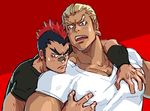  329 bad_id bad_pixiv_id bandaid bandaid_on_nose bara black_hair blonde_hair blush breast_grab casual chin_rest eyebrows gamagoori_ira grabbing head_on_shoulder kill_la_kill kinagase_tsumugu male_focus multiple_boys muscle red_hair shirt t-shirt yaoi 