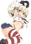  :o armpits arms_up blonde_hair blush brown_eyes crop_top crop_top_overhang elbow_gloves gloves kantai_collection kimura_neito long_hair looking_at_viewer midriff navel shimakaze_(kantai_collection) simple_background skindentation skirt solo striped striped_legwear thighhighs thighs white_background white_gloves 
