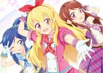  3girls aikatsu! aikatsu!_(series) blonde_hair blue_eyes blue_hair blush brown_hair gloves hair_ribbon hairband hoshimiya_ichigo kiriya_aoi long_hair looking_at_viewer multiple_girls one_eye_closed open_mouth ponytail purple_eyes red_eyes ribbon shibuki_ran skirt star v white_gloves wrist_cuffs 