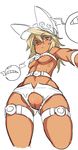  1girl :&lt; arc_system_works belt beltbra blonde_hair crotchless_clothes dark_skin familiar from_below functionally_nude guilty_gear guilty_gear_xrd hat long_hair looking_at_viewer lucifero pubic_hair pussy ramlethal_valentine short_shorts simple_background thigh_strap uncensored underboob white_background 