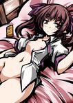  bottomless breasts brown_eyes brown_hair cellphone groin hair_ribbon heart hemogurobin_a1c himekaidou_hatate looking_at_viewer lying navel nipples no_pussy on_back phone ribbon small_breasts smile solo touhou twintails 