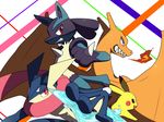  angry charizard fangs fire greninja lucario nintendo no_humans open_mouth pikachu pixiv_manga_sample pokemon red_eyes scarf shiwo_(siwosi) shuriken super_smash_bros. teeth tongue water wings 