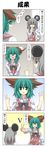  2girls 4koma alternate_costume animal_ears apron closed_eyes comic commentary counting green_eyes green_hair highres jitome kasodani_kyouko mouse_ears multiple_girls nazrin o_o open_mouth rappa_(rappaya) smile sweatdrop touhou translated v waitress 