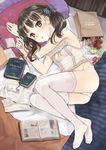 apple bad_id bad_pixiv_id bag bed black_eyes black_hair blush book bow breasts camisole food fruit fujita_hidetoshi grocery_bag hair_bow looking_at_viewer lying on_side original panties paper_bag papers pencil pillow shopping_bag small_breasts solo thighhighs twintails underwear white_legwear white_panties 