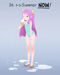  bow clenched_hand cold english flat_chest food hair_bow ice_cream long_hair looking_at_viewer miupix one-piece_swimsuit one_eye_closed original polka_dot polka_dot_swimsuit puddle purple_hair rain sandals solo standing summer swimsuit trembling truth two_side_up unmoving_pattern 