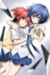  akuma_no_riddle artist_name azuma_tokaku blood blood_on_face bloody_clothes blue_eyes blue_hair highres ichinose_haru injury kago-tan knife multiple_girls necktie pov red_eyes red_hair school_uniform short_hair skirt twintails 