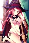  absurdres barefoot blush breast_press breasts broom cape choker cleavage covered_nipples hair_ribbon hat highres hinomiya_ayari ko~cha leg_up long_hair medium_breasts navel nipples panties pink_eyes pink_hair ribbon see-through smile solo two_side_up underwear witch's_garden witch_hat 
