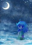  absurdres ahoge bad_id bad_pixiv_id blue_eyes blue_hair blush crescent_moon hand_on_own_chest head_fins highres himetsuki_luna japanese_clothes kimono lake light_smile long_sleeves looking_at_viewer moon night obi outdoors partially_submerged ripples sash short_hair sky solo sparkle star_(sky) starry_sky touhou wakasagihime 
