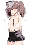  areolae bad_id bad_nicoseiga_id blush brown_eyes brown_hair flat_chest highres kantai_collection navel oota_yuuichi open_mouth ryuujou_(kantai_collection) short_hair simple_background skirt solo suspenders twintails visor_cap white_background 