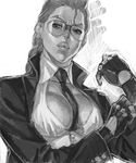  between_breasts braid breasts commentary_request crimson_viper earrings fingerless_gloves glasses gloves greyscale hands_up jewelry lips mana30row medium_breasts monochrome necktie necktie_between_breasts pompadour solo street_fighter street_fighter_iv_(series) sunglasses 