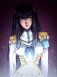  black_hair blue_eyes breasts epaulettes eyebrows hair_ornament hairclip iahfy junketsu kill_la_kill kiryuuin_satsuki long_hair medium_breasts serious solo sparkle thick_eyebrows 