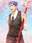  bad_id bad_pixiv_id blue_hair cherry_blossoms earrings fate/hollow_ataraxia fate_(series) gae_bolg jewelry lancer long_hair male_focus mitsuki_mitsuno petals polearm ponytail red_eyes solo spear waistcoat waiter weapon 