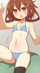  9law anchor blue_bra blue_panties bra brown_eyes brown_hair fang flat_chest hair_ornament hairclip highres ikazuchi_(kantai_collection) kantai_collection open_mouth panties short_hair solo thighhighs underwear underwear_only 