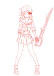  :/ absurdres bags_under_eyes cosplay full_body gloves highlights highres kill_la_kill kuroki_tomoko lineart long_hair matoi_ryuuko matoi_ryuuko_(cosplay) messy_hair midriff monochrome multicolored_hair navel pancakez_(artist) school_uniform scissor_blade senketsu serafuku shoes single_glove sneakers solo suspenders sweatdrop watashi_ga_motenai_no_wa_dou_kangaetemo_omaera_ga_warui! 