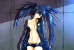 against_wall belt black_rock_shooter black_rock_shooter_(character) blue_eyes blue_hair breasts coat collarbone g_(desukingu) groin hair_between_eyes head_tilt highres jacket long_hair long_sleeves looking_at_viewer midriff mouth_hold navel no_bra open_clothes open_jacket ribbon ribbon_in_mouth scar shadow short_shorts shorts sleeves_past_wrists small_breasts solo star stitches striped_jacket tile_wall tiles twintails uneven_twintails very_long_hair 