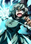  aqua_eyes aqua_hair breasts dress electricity fang green_dress hat hemogurobin_a1c large_breasts looking_at_viewer open_mouth soga_no_tojiko solo tate_eboshi touhou 