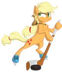  absurd_res alpha_channel applejack_(mlp) blonde_hair cowboy_hat cutie_mark earth_pony equine female feral freckles friendship_is_magic fur green_eyes hair hairband hat hi_res hockey_puck hockey_stick hooves horse mammal my_little_pony mysteriouskaos orange_fur plain_background pony shaded smile solo stetson transparent_background white_background 