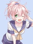  aoba_(kantai_collection) green_eyes kantai_collection mirakururu one_eye_closed open_mouth pink_hair ponytail salute school_uniform serafuku short_hair smile solo 