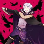  :d ^_^ animal arms_up bangs bird black_legwear blush book bridal_gauntlets cape closed_eyes crow dutch_angle eyes fire_emblem fire_emblem:_kakusei flock guttary happy henry_(fire_emblem) high_collar holding long_sleeves male_focus open_mouth outstretched_arms red_background simple_background smile striped swept_bangs teeth vertical_stripes white_hair 