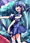  alternate_hairstyle blue_eyes blue_hair blush geta hemogurobin_a1c heterochromia karakasa_obake looking_at_viewer open_mouth rain red_eyes skirt smile solo tatara_kogasa touhou umbrella 