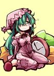  :3 aqua_hair blush clock hair_over_one_eye hat hemogurobin_a1c kazami_yuuka kazami_yuuka_(pc-98) off_shoulder pajamas sitting sleepy slippers solo touhou touhou_(pc-98) wariza 