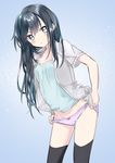  alternate_costume asashio_(kantai_collection) black_hair black_legwear blue_eyes blush bow bow_panties casual kantai_collection long_hair mirakururu no_pants panties panty_pull purple_panties solo standing thighhighs underwear undressing 