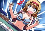  1girl alice-type_underwear alice_margatroid blonde_hair blue_bra blue_eyes blush bra breasts cleavage d: dutch_angle hairband hemogurobin_a1c large_breasts mahjong navel open_mouth short_hair sitting solo strip_game strip_mahjong surprised tears touhou underwear underwear_only 