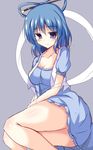 blue_dress blue_eyes blue_hair blush breasts cleavage collarbone dress hair_ornament hair_rings hair_stick highres kaku_seiga light_smile looking_at_viewer medium_breasts naba_(take_tonbo) open_clothes open_vest purple_background shawl simple_background sitting smile solo touhou vest 