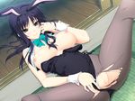  1girl animal_ears areolae black_eyes black_hair blush bow bowtie breasts breasts_outside brown_eyes bunny_ears bunny_girl bunnysuit cameltoe censored game_cg highres iizuki_tasuku izumi_wakoto large_breasts legs long_hair lovely_x_cation_2 lying nipples open_shirt pantyhose purple_hair pussy smile solo spread_legs stockings sweat thighs torn_clothes torn_pantyhose wink wrist_cuffs 