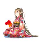  blush brown_hair elf furisode hair_ribbon japanese_clothes kimono long_hair myucel_foalan new_year outbreak_company pointy_ears purple_eyes ribbon seiza simple_background sitting smile solo twintails very_long_hair white_background yuugen 