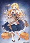  apron bare_legs blonde_hair blue_eyes blush bow breasts broom choker cinderella cleavage dress hair_bow hairband large_breasts long_hair looking_at_viewer mauve million_arthur_(series) mouse puffy_sleeves pumpkin short_sleeves solo 