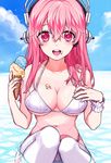  bad_id bad_pixiv_id bikini blush breasts cleavage food headphones hum_(fpswp777) ice_cream ice_cream_cone large_breasts long_hair looking_at_viewer nitroplus open_mouth partially_submerged pink_eyes pink_hair solo strap_gap super_sonico swimsuit thighhighs water white_legwear wrist_cuffs 