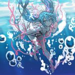  air_bubble barefoot bent_over blue blue_eyes blue_hair bubble dress floating_hair hatsune_miku long_hair looking_at_viewer mx2j_(nsh6394) red_ribbon ribbon smile solo submerged twintails underwater vocaloid 
