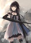  bad_id bad_pixiv_id black_eyes black_hair black_legwear cape choker dress dual_wielding elbow_gloves gloves highres holding open_mouth paradise pixiv_fantasia pixiv_fantasia_fallen_kings short_hair solo swd3e2 sword thighhighs weapon zettai_ryouiki 