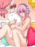  bikini blush breasts chihiru headphones highres large_breasts long_hair looking_at_viewer navel nitroplus pillow pillow_hug pink_eyes pink_hair smile solo super_sonico swimsuit 