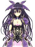  armor black_hair breasts cleavage date_a_live egichan highres long_hair medium_breasts purple_eyes standing yatogami_tooka 