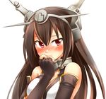  arm black_hair blush breasts brown_hair covering_mouth curled_fingers elbow_gloves face fingerless_gloves gloves hairband hand_over_own_mouth headgear highres kantai_collection kore_(korewa13th) long_hair looking_at_viewer medium_breasts nagato_(kantai_collection) red_eyes smile solo 