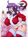  1girl breasts christmas creatures_(company) game_freak hex_maniac_(pokemon) huge_breasts milf nintendo pokemon purple_hair solo thighhighs underwear 