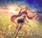  anbe_yoshirou bird blonde_hair building cape choker cloud detached_sleeves field flower flower_field highres original petals pink_hair scenery shinma_x_keishou!_ragnabreak short_hair skirt sky solo sunlight thighhighs 