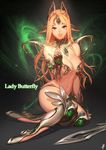  bare_shoulders blonde_hair breasts butterfly_(dota_2) butterfly_wings cleavage commentary defense_of_the_ancients dota_2 highres hips instant_ip large_breasts lips looking_at_viewer mole mole_under_eye navel parted_lips personification purple_eyes signature solo sword thighs weapon wings 